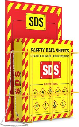 MSDS Wall Station - 3 Inch 3 Ring Material Safety Data Sheet Binder with SDS Wire Rack and Display Sign, Chain, Mounting Hardware, SDS Poster, MSDS Labels - Bilingual Heavy Duty OSHA Yellow Binder in Saudi Arabia