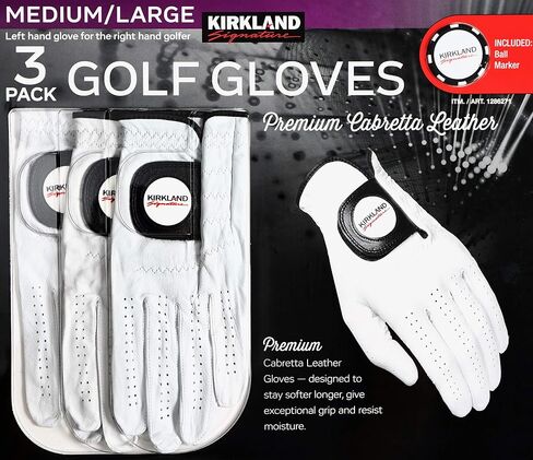 Kirkland Signature Men's Golf Gloves Premium Cabretta Leather, Medium/Large, 3 Pack in Saudi Arabia