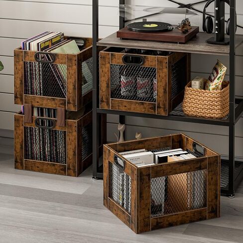 Temi Vinyl Record Storage Crate-حامل سجل خشبي كبير لـ 70+ ألبوم-منظم تسجيلات على الطراز الصناعي وحل تخزين السجلات المتينة للمنزل أو الاستوديو ، من السهل التجميع in Saudi Arabia