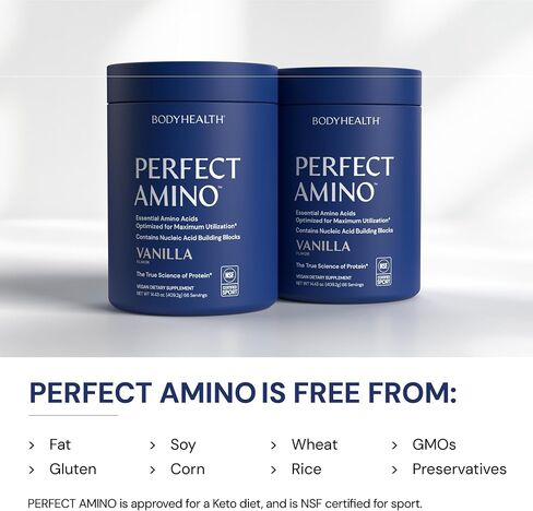 BodyHealth PerfectAmino Powder Mocha Boost (30 Servings) Best Pre/Post Workout Recovery Drink, 8 Essential Amino Acids Energy Supplement with 50% BCAAs, 100% Organic, 99% Utilization in Kuwait