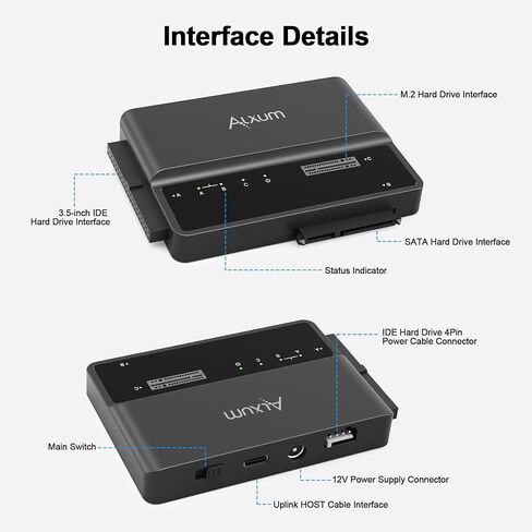 Alxum 3-in-1 USB C to SATA & IDE Adapter with Hard Drive Cloning - 5Gbps High Speed Data Transfer, Supports Simultaneous Reading of Two Drives（SATA III & IDE 133 HDD/SSD） Included 12V2A Power Adapter in Kuwait