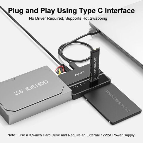 Alxum 3-in-1 USB C to SATA & IDE Adapter with Hard Drive Cloning - 5Gbps High Speed Data Transfer, Supports Simultaneous Reading of Two Drives（SATA III & IDE 133 HDD/SSD） Included 12V2A Power Adapter in Kuwait