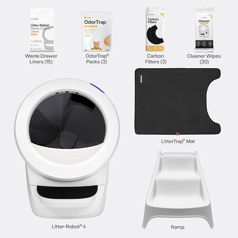 Litter-Robot 4 من Whisker، أبيض - صندوق فضلات القطط أوتوماتيكي ذاتي التنظيف، يساعد على تقليل روائح صندوق الفضلات، يعمل مع أي فضلات متكتلة، ضمان لمدة عام من WhiskerCare in Kuwait