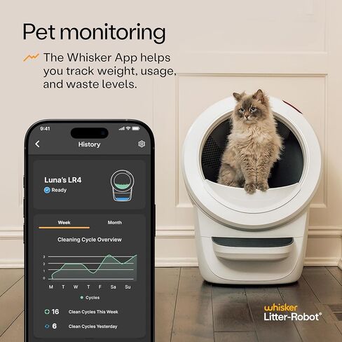Litter-Robot 4 من Whisker، أبيض - صندوق فضلات القطط أوتوماتيكي ذاتي التنظيف، يساعد على تقليل روائح صندوق الفضلات، يعمل مع أي فضلات متكتلة، ضمان لمدة عام من WhiskerCare in Kuwait