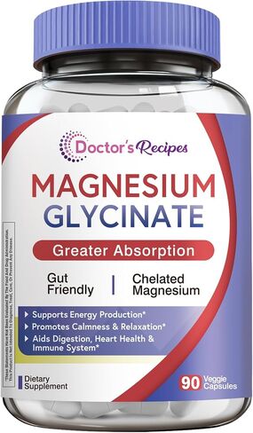 Doctor's Recipes Magnesium Glycinate for Men & Women, 100mg Elemental Mag, 90 Caps, Amino Acid Chelated, High Absorption, Easy on Stomach, Calm, Bone, Muscle, Heart, Energy, Nerve, Sleep, No Gluten in Saudi Arabia