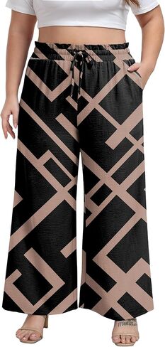 OLRIK Plus Size Wide Leg Pants High Waisted Pants Breathable Casual Trousers for Women Black Stripe-1X in Kuwait