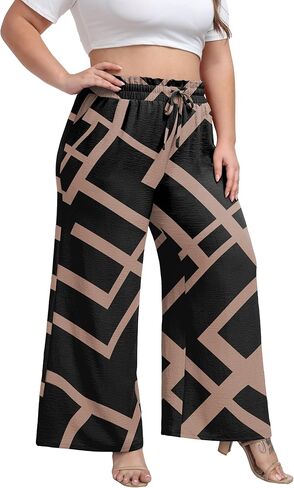 OLRIK Plus Size Wide Leg Pants High Waisted Pants Breathable Casual Trousers for Women Black Stripe-1X in Kuwait
