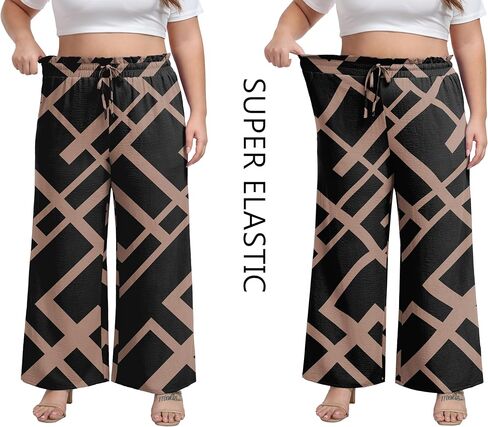 OLRIK Plus Size Wide Leg Pants High Waisted Pants Breathable Casual Trousers for Women Black Stripe-1X in Kuwait
