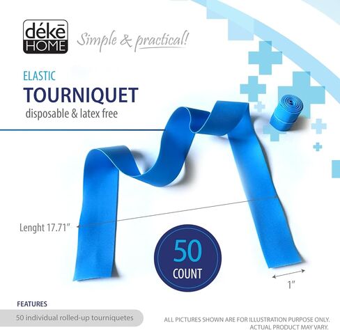 Deke Home-Tourniquet 50 Pack القابلة للتخلص منها ، نطاقات طبية زرقاء خالية من اللاتكس للإسعافات الأولية ، بضع فليبوت ، التمريض ، الطوارئ ، الصدمة ، سحب الدم ، استخدام لمرة واحدة ، 1 "x17.7" الأشرطة المرنة in Kuwait