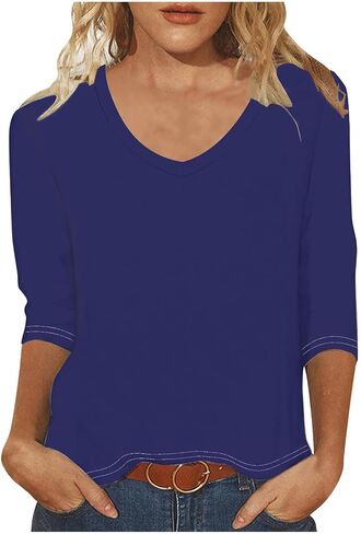 3/4 Sleeve V Neck Tops for Women Casual Solid Color Slim Fit Top Dressy Business Top Cute Comfy Summer Tops Blouse in Saudi Arabia