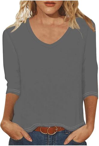 3/4 Sleeve v Tops للنساء غير الرسمي ألوان صلبة ضئيلة نحيفة أعلى أعمال أنيقة أعلى لطيبة طعنات الصيف مريحة مريحة in Kuwait