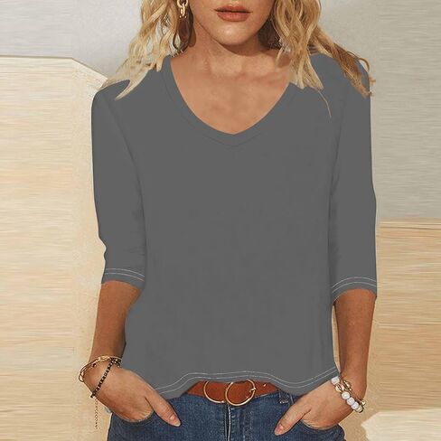 3/4 Sleeve v Tops للنساء غير الرسمي ألوان صلبة ضئيلة نحيفة أعلى أعمال أنيقة أعلى لطيبة طعنات الصيف مريحة مريحة in Kuwait