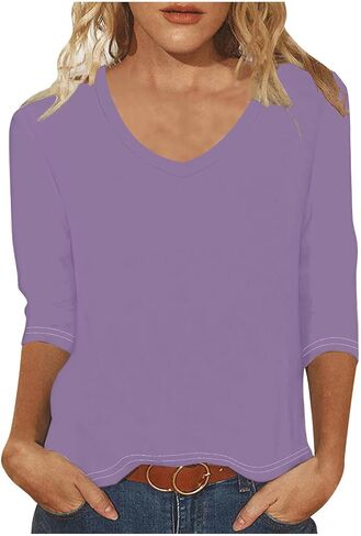 3/4 Sleeve v Tops للنساء غير الرسمي ألوان صلبة ضئيلة نحيفة أعلى أعمال أنيقة أعلى لطيبة طعنات الصيف مريحة مريحة in Kuwait