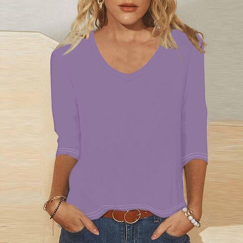 3/4 Sleeve v Tops للنساء غير الرسمي ألوان صلبة ضئيلة نحيفة أعلى أعمال أنيقة أعلى لطيبة طعنات الصيف مريحة مريحة in Kuwait