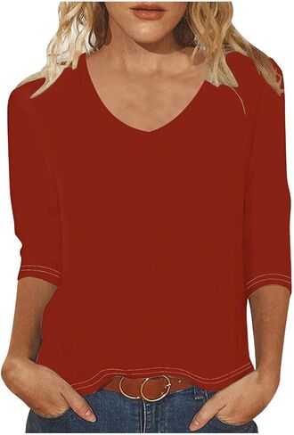 3/4 Sleeve v Tops للنساء غير الرسمي ألوان صلبة ضئيلة نحيفة أعلى أعمال أنيقة أعلى لطيبة طعنات الصيف مريحة مريحة in Kuwait