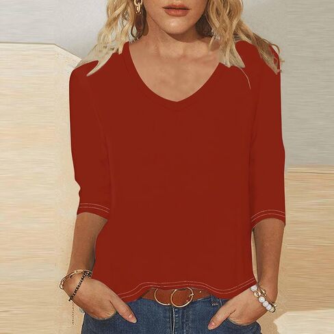 3/4 Sleeve v Tops للنساء غير الرسمي ألوان صلبة ضئيلة نحيفة أعلى أعمال أنيقة أعلى لطيبة طعنات الصيف مريحة مريحة in Kuwait