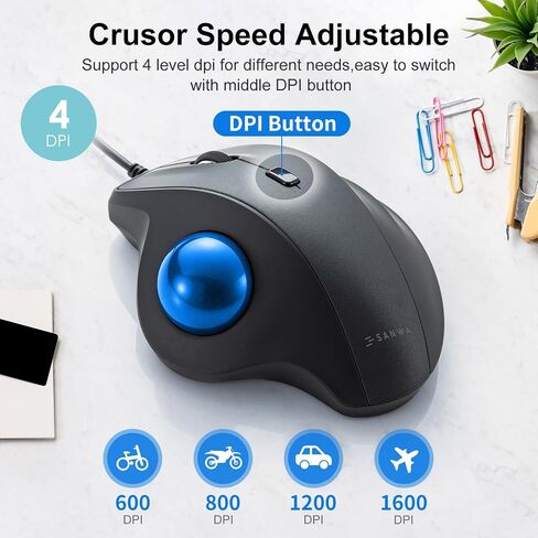 Sanwa Wired Ergonomic Trackball Mouse ، الفئران العمودية البصرية ، أزرار صامتة ، كرة مسار 34 ملم ، 600/800/1200/1600 DPI ، متوافقة مع MacBook ، الكمبيوتر المحمول ، الكمبيوتر ، Windows ، MacOS ، الأرجواني in Kuwait