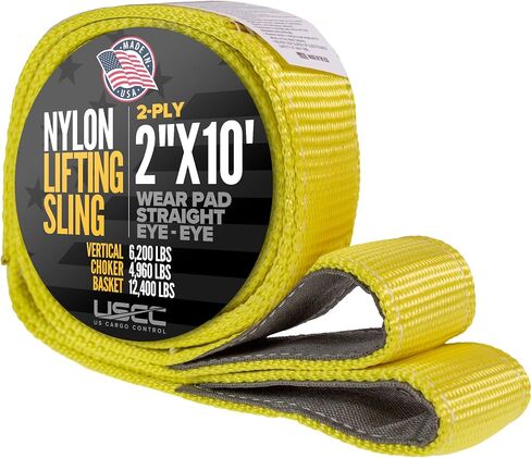 US Cargo Control Nylon Lifting Sling with Wear Pads 2" x 10', 2-Ply Eye to Eye Slings (Made in USA) - 4,960 LBS Choker, 6,200 LBS Vertical, 12,400 LBS Basket Capacity - Lift Straps for Lifting in Saudi Arabia