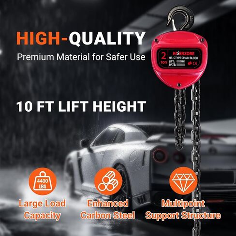 1 Ton Hand Chain Hoist 2200 Lbs Capacity 10ft Lift, Lightweight 19.4lbs Manual Come Along Winch with G80 Steel Chain & Dual Hooks for Engine Lift, Warehouses, Automotive, Machinery in Kuwait