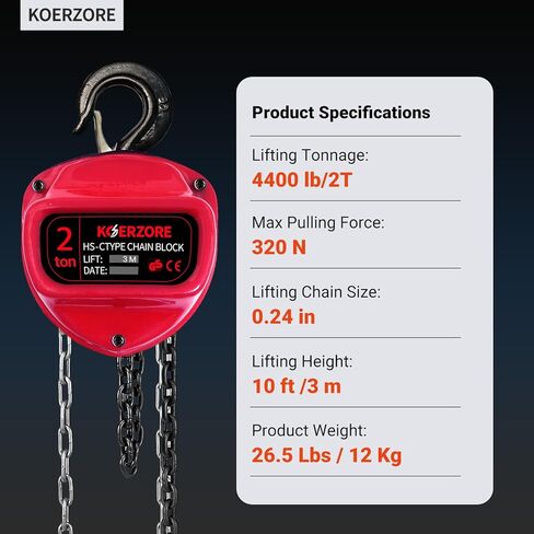 1 Ton Hand Chain Hoist 2200 Lbs Capacity 10ft Lift, Lightweight 19.4lbs Manual Come Along Winch with G80 Steel Chain & Dual Hooks for Engine Lift, Warehouses, Automotive, Machinery in Kuwait