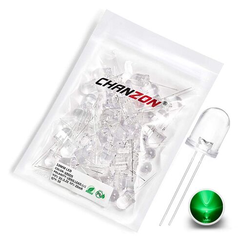 chanzon 50 pcs 10 مم مصابيح الصمام الثنائي LED خضراء (مستديرة مستديرة DC 3V 20MA) مصابيح مصباح الإضاءة الساطعة مكونات مكونات مؤشر مصباح البصر الثنائيات الباعثة in Saudi Arabia