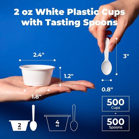 Fit Meal Prep 500 Pack 2 oz White Disposable Plastic Cups and 3 Inch Tasting Spoons - Portion Food Samplers for Restaurants Catering Party Appetizers Souffle Dressings Ice Cream Desserts in Kuwait