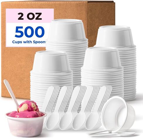 Fit Meal Prep 500 Pack 2 oz White Disposable Plastic Cups and 3 Inch Tasting Spoons - Portion Food Samplers for Restaurants Catering Party Appetizers Souffle Dressings Ice Cream Desserts in Kuwait