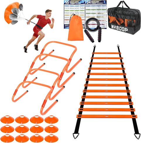 خفة الحركة معدات التدريب على سرعة السلم Set-20ft خفة الحركة ، 12 مخروط كرة قدم ، 4 عقبات ، حبل القفز ، المقاومة الجري ، معدات التدريب على كرة القدم مع حقيبة حمل للأطفال البالغين الشباب in Saudi Arabia