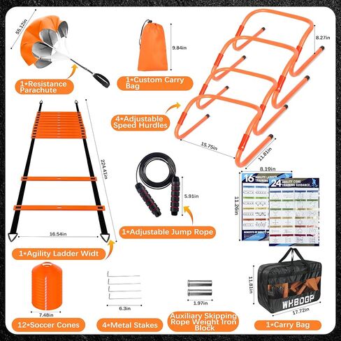 خفة الحركة معدات التدريب على سرعة السلم Set-20ft خفة الحركة ، 12 مخروط كرة قدم ، 4 عقبات ، حبل القفز ، المقاومة الجري ، معدات التدريب على كرة القدم مع حقيبة حمل للأطفال البالغين الشباب in Saudi Arabia