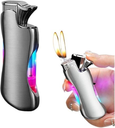 2024 Dual Flame Lighter, Creative and Cool Design, with Transparent air Chamber, refillable Butane Lighter, Outdoor Camping Portable Lighter (Butane not Included)(Silver) in Saudi Arabia