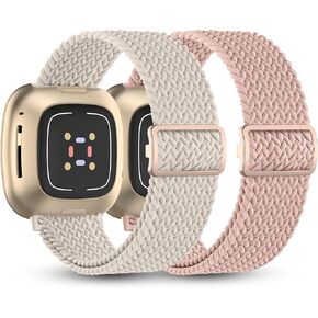 2 Pack Braided Elastic Nylon Bands Compatible with Fitbit Versa 3/Versa 4/Sense/Sense 2,Adjustable Comfortable Skin-friendly Replacement Wristband Nylon Woven Replacement Straps for Women Men