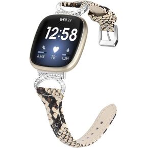 FitTurn Compatible with Fitbit Sense 2/Fitbit Versa 4 3 Bands for Women Men, Soft Genuine Leather Band Slim Strap Replacement Accessory Wristband + Metal rhinestone Adapter