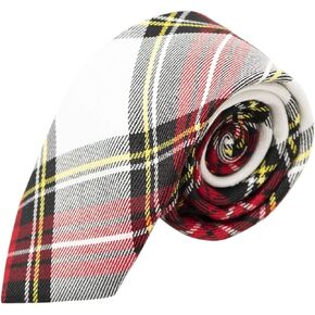 King & Priory Traditional White & Red Tartan Necktie, Check, Plaid, Tie
