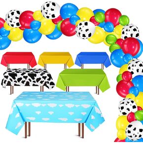 104 Pcs Story Party Decorations Include 4 Solid Rectangular Table Cover 1 Cow Tablecloth 1 Blue Sky White Clouds Tablecloth 81 Solid Colored Latex Balloons 15 Cow Pattern Balloons for Party