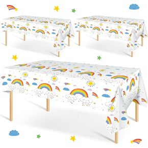 3 Pcs Rainbow Tablecloth Rainbow Waterproof Table Cover Rainbow Clouds Birthday Tablecloth Kids' Party Tablecovers for Birthday Party Supplies Baby Shower Decorations, 108 x 54 Inch (Macaron Color)