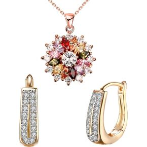Colorful Snowflake Pendant Necklace,Double Row Diamond Earrings for Womens Set in 18k Rose Gold Plated Ladies with 5A Cubic Zirconia Christmas Jewelry Gift Birthday Gifts for Her