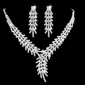 Unicra Bride Silver Necklace Earrings Set Crystal Bridal Wedding Jewelry Set Rhinestone Bridesmaid Party Choker Necklace Drop Dangle Earrings Sets for Women and Girls (Silver-4)