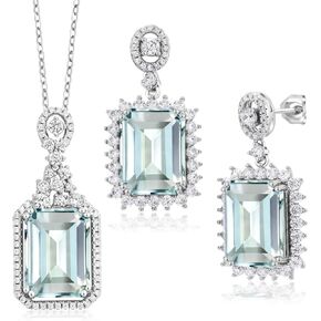 Gem Stone King 925 Sterling Silver Sky Blue Simulated Aquamarine Pendant and Earrings Jewelry Set For Women (21.02 Cttw, Octagon 14X10MM, Gemstone, with 18 Inch Chain)