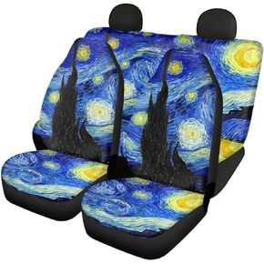 Car Front Seat Covers Rear Backrest Cover Bottom Bench Cover 4PCS, Van Gogh's Starry Night Car Seat Cover Full Set Automotive Interior Accessories Fit Most Cars, Truck, SUV, Van