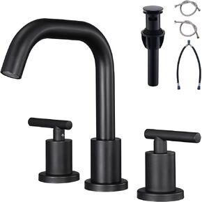 Brushed Gold Bathroom Faucet for Sink 3 Hole, 8 inch Widespread Bathroom Faucet | Brass Gold Vanity Faucet with 360° Swivel Spout 2 Handle Gold Bathroom Faucet with Drain & Supply Hoses