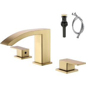 Waterfall Bathroom Sink Faucet, 3 Holes Two Handles Bathroom Faucet with Pop Up Drain and 2 Water Supply Lines, 8 inch Widespread Bathroom Sink Faucet Brushed Gold