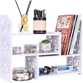 Desk Organizer Wood Expandable Bookshelf Adjustable Desktop Shelves Rack for Classroom Office Dormitory Home, White