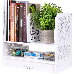Desk Organizer Wood Expandable Bookshelf Adjustable Desktop Shelves Rack for Classroom Office Dormitory Home, White