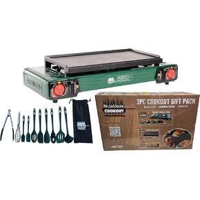 Mr. Outdoors Cookout Double Butane Stove with Carry Bag, 18 inch Aluminum Griddle, 10 piece Silicone Coated Utensil Set