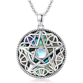 Pentagram Necklace 925 Sterling Silver Moon Pentacle Abalone Pendant Celtic Knot Pagan Witchy Wiccan Amulet Jewelry Gifts for Women Girls