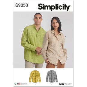 Simplicity Easy Unisex Shirts Sewing Pattern Packet, Design Code S9858, Sizes XS-S-M-L-XL-XXL, Multicolor