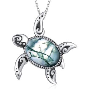Turtle Necklace for Women 925 Sterling Silver Turtle Moss Agate Necklace Sea Turtle Gifts for Girls Holiday Beach Hawaiian