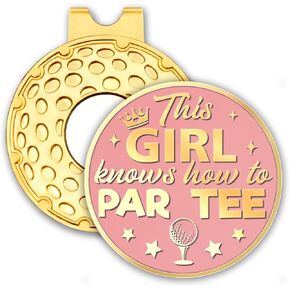 Thi Girl Knows How to Par Tee Pink Gold Golf Ball Marker with Hat Clip, Funny Golf Accessories for Women Girl, Christmas Birthday Gifts for Her, Golf Fan Golfer, Novelty Golf Gifts (OBJ009)