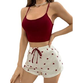 MakeMeChic Women's 2 Piece Pajama Sets Casual Ribbed Knit Cropped Camisole and Heart Print Drawstring Waist Shorts