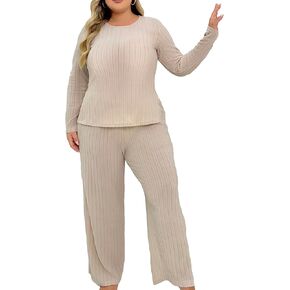 WDIRARA Women's Plus Size 2 Pieces Sleepwear Textured Split Hem Long Sleeve Tops and Wide Leg Pants Pajama Sets